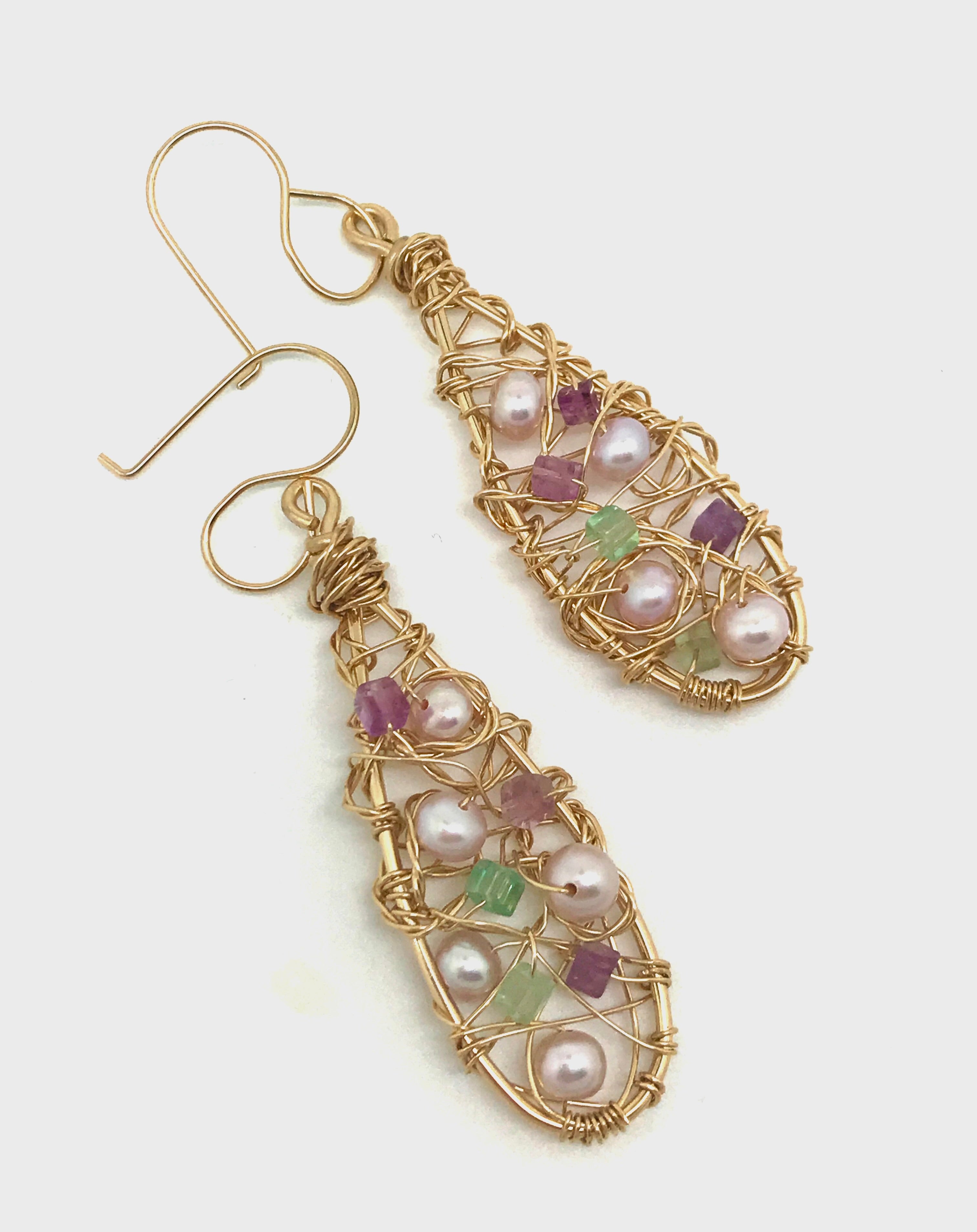 Woven Pearl and Gemstone Wrapped Earrings