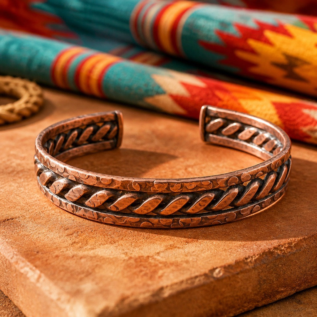 Handcrafted antiqued copper unisex cuff bracelet with rustic detailing - bold artisan bracelet by Ginny Taylor Designs