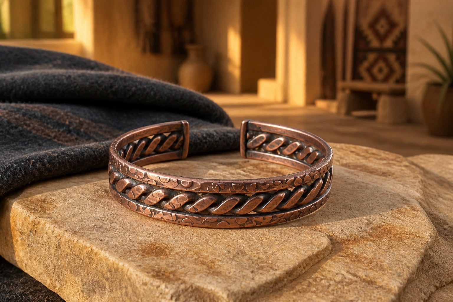 Handmade antiqued copper unisex cuff bracelet with braided design and hand-hammered detailing - artisan copper jewelry by Ginny Taylor Designs, Roanoke, VA
