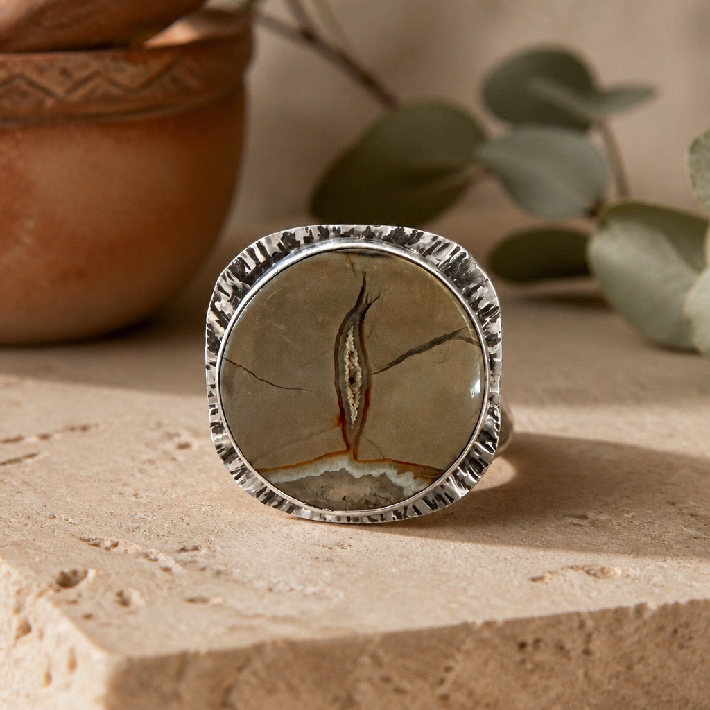 Sonora Jasper sterling silver ring by Ginny Taylor Designs - earthy natural stone cabochon in textured hand-forged bezel setting.