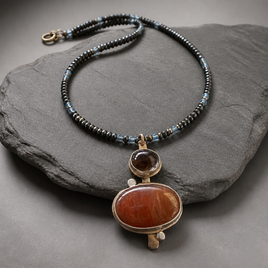 Aventurine, lodolite and aquamarine artisan necklace on slate - handmade natural gemstone pendant with pyrite strand by Ginny Taylor Designs