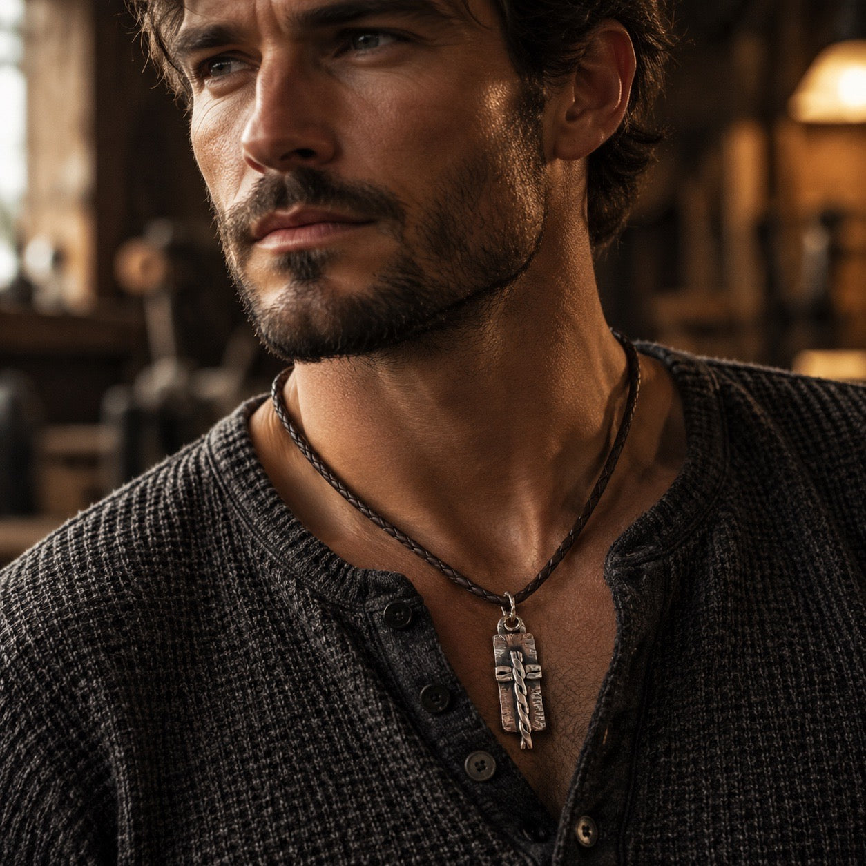 Man wearing hand-forged copper cross made by Ginny Taylor Designs in her studio in Roanoke, VA. 