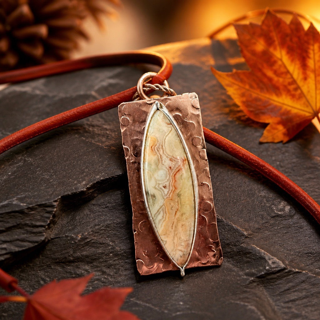 Handmade Laguna Lace Agate pendant in hand-forged copper - natural cream and honey stone with textured copper bezel, artisan jewelry by Ginny Taylor Designs in Roanoke, VA