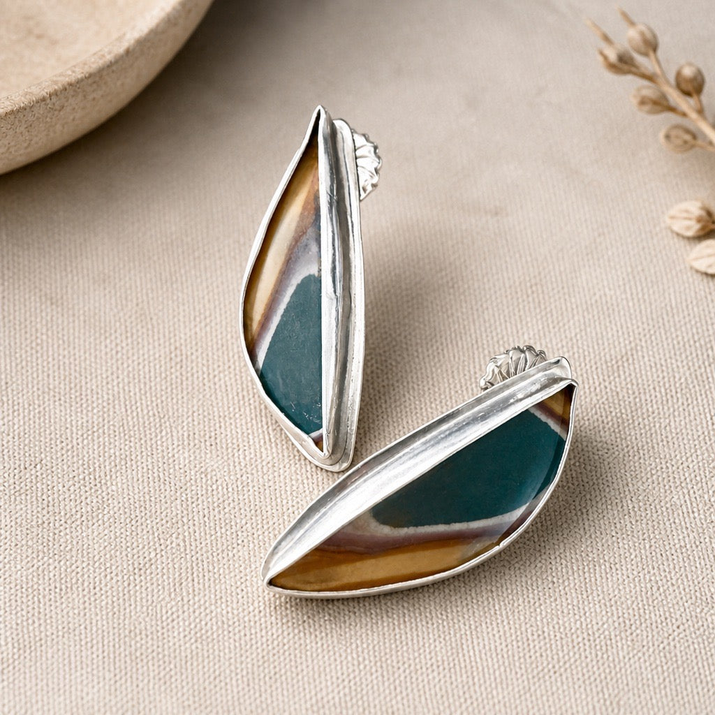 Handmade polychrome jasper earrings in sterling silver - natural banded green, gold, and cream gemstone, artisan jewelry by Ginny Taylor Designs