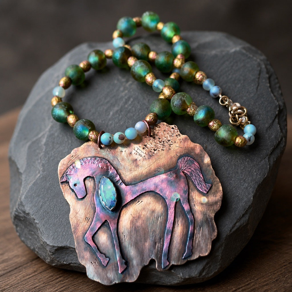 Handmade copper horse necklace by Ginny Taylor Designs, flame-torched pink teal and gold pendant with Moonstone and African glass beads.