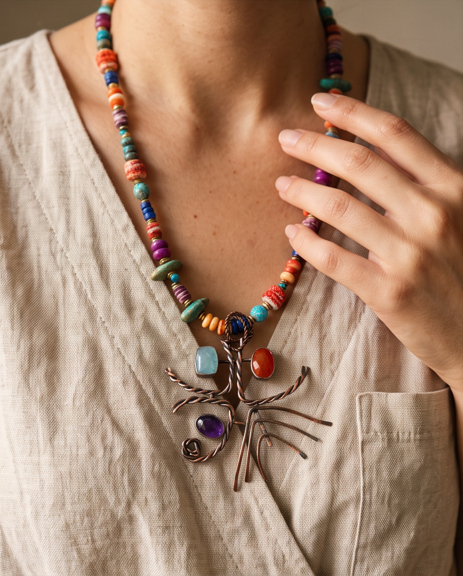 Woman wearing an artisan multi-stone copper necklace, one-of-a-kind handmade jewelry by Ginny Taylor Designs, Roanoke, VA