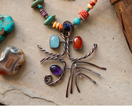 Handmade multi gemstone and copper necklace by Ginny Taylor Designs, featuring Blue Topaz, Carnelian, Amethyst, Spiny Oyster, Lapis, Turquoise, and hand-forged copper starburst pendant.