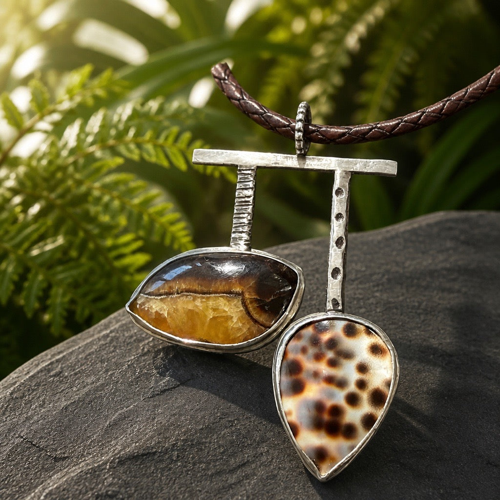 Artisan Septarian stone and spotted Cona shell necklace, handcrafted one-of-a-kind jewelry by Ginny Taylor Designs.