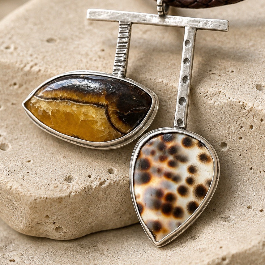 Handmade Septarian and Cona shell necklace by Ginny Taylor Designs, two-pendant artisan design with hand-forged silver setting.