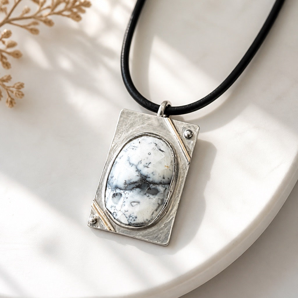 Dendritic Opal and Black Leather Necklace