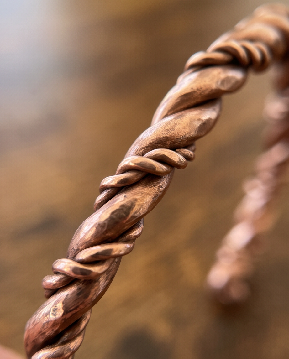 Close-up of hand-formed twisted copper cuff bracelet made by Ginny Taylor Designs