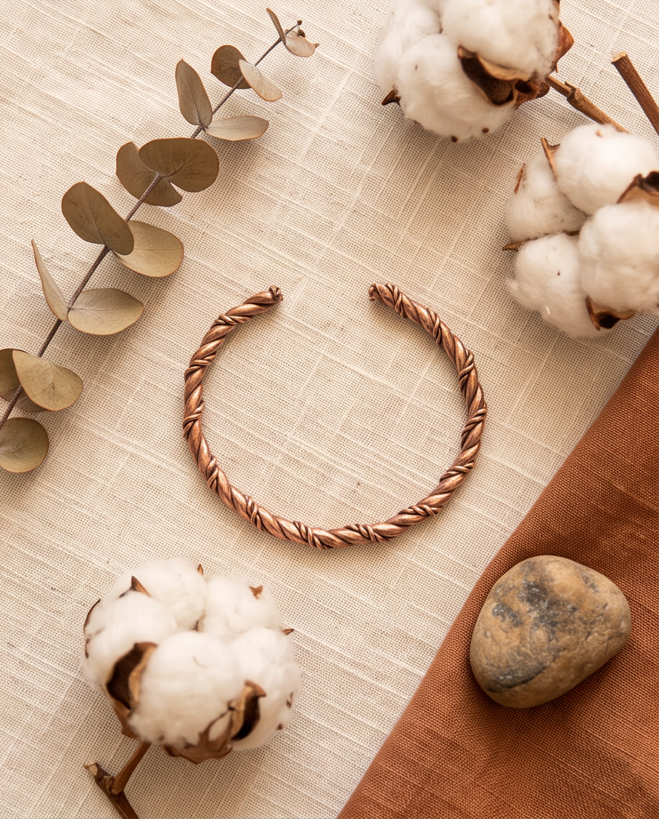 Hand-formed, twisted copper cuff bracelet designed and detailed by Ginny Taylor Designs in her studio in Roanoke, VA