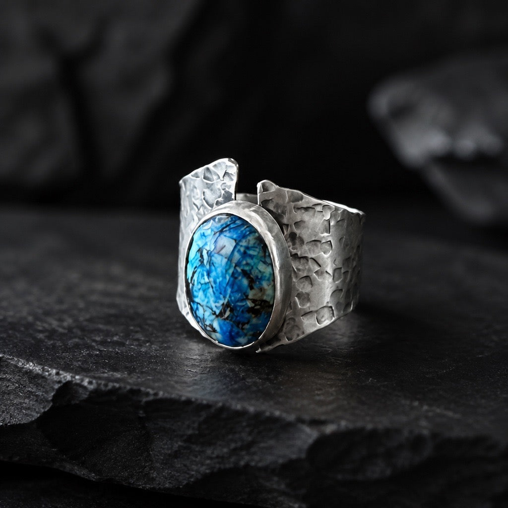 Hammered sterling silver wide-band ring set with a natural Azurite gemstone made by Ginny Taylor Designs