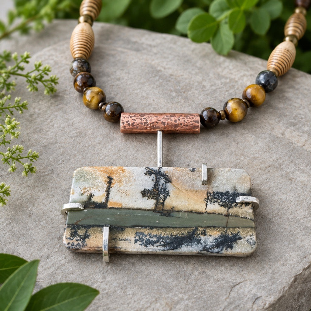 Artisan made Cherry Creek Jasper pendant necklace with hammered copper connector bar, silver forged prongs and  set with rich gold & blue tiger's eye and bone beads - made by Ginny Taylor Designs, Roanoke VA