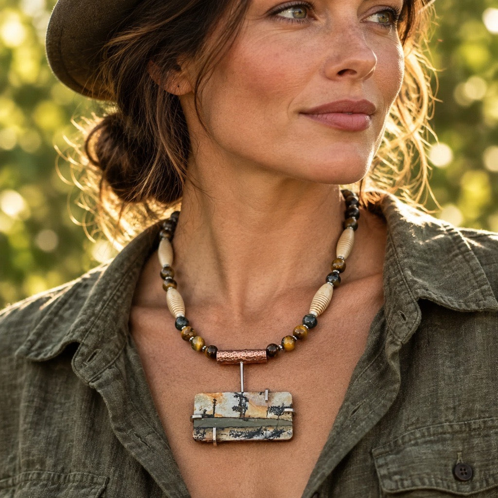 Woman wearing a handmade Cherry Creek jasper pendant necklace with hammered copper connector and tiger's eye bead strand with pops of ivory colored bone - crafted by Ginny Taylor Designs in her studio in Roanoke, VA