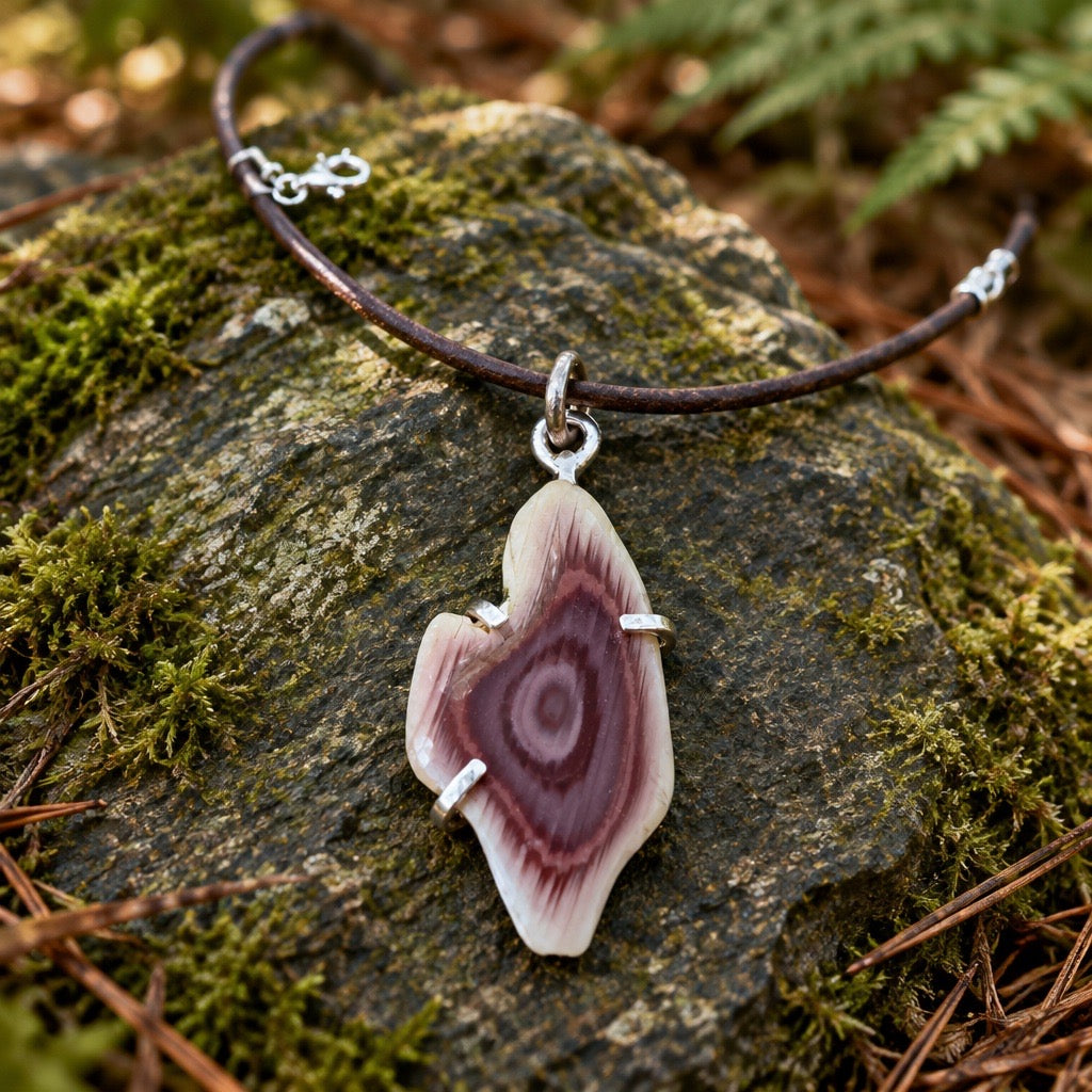 Artisan Imperial Jasper necklace with a freeform, bold burgundy concentric eye pattern. Handmade by Ginny Taylor Designs in Roanoke, VA