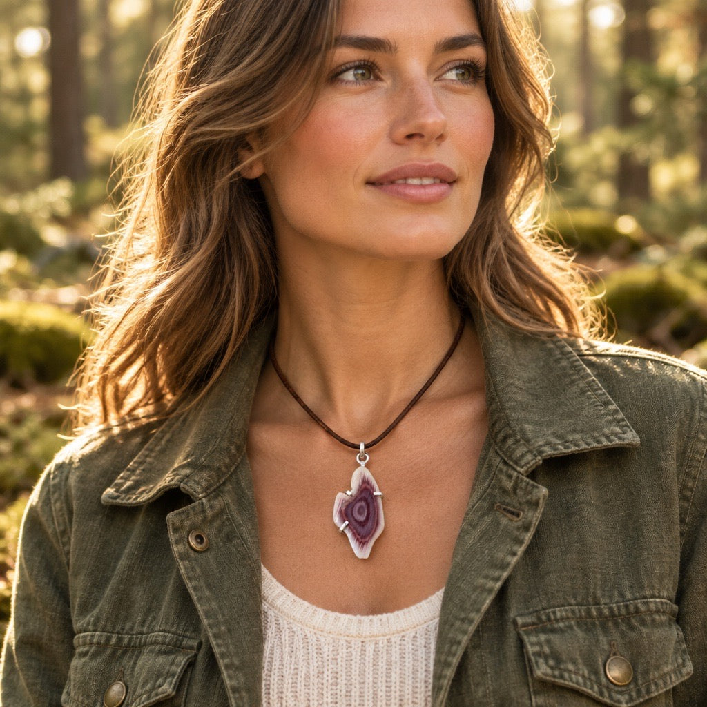 Woman wearing a handmade Imperial Jasper pendant necklace on a brown leather cord - Handmade by Ginny Taylor Designs, Roanoke, VA.