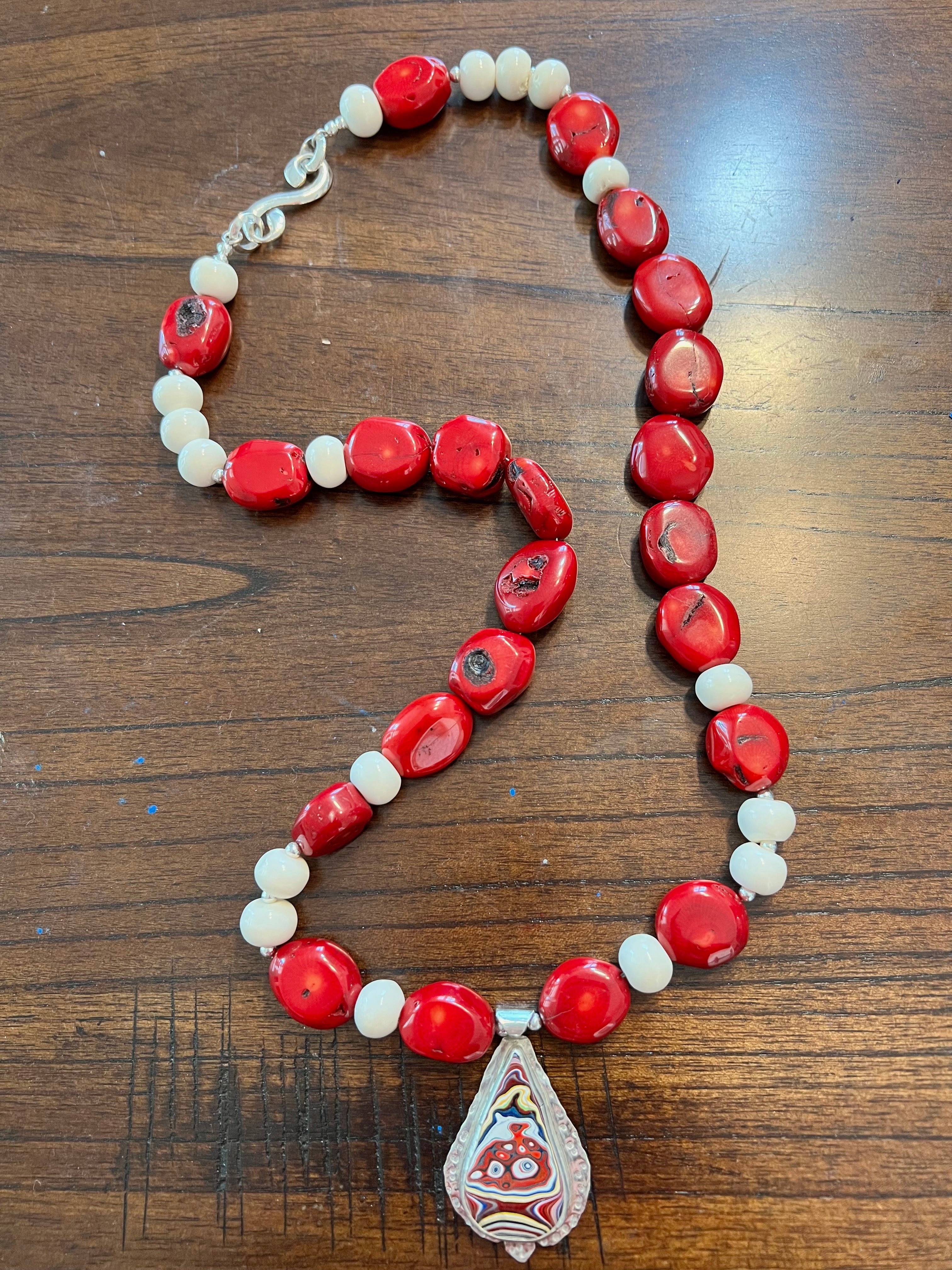 Fordite Necklace with Coral Beads