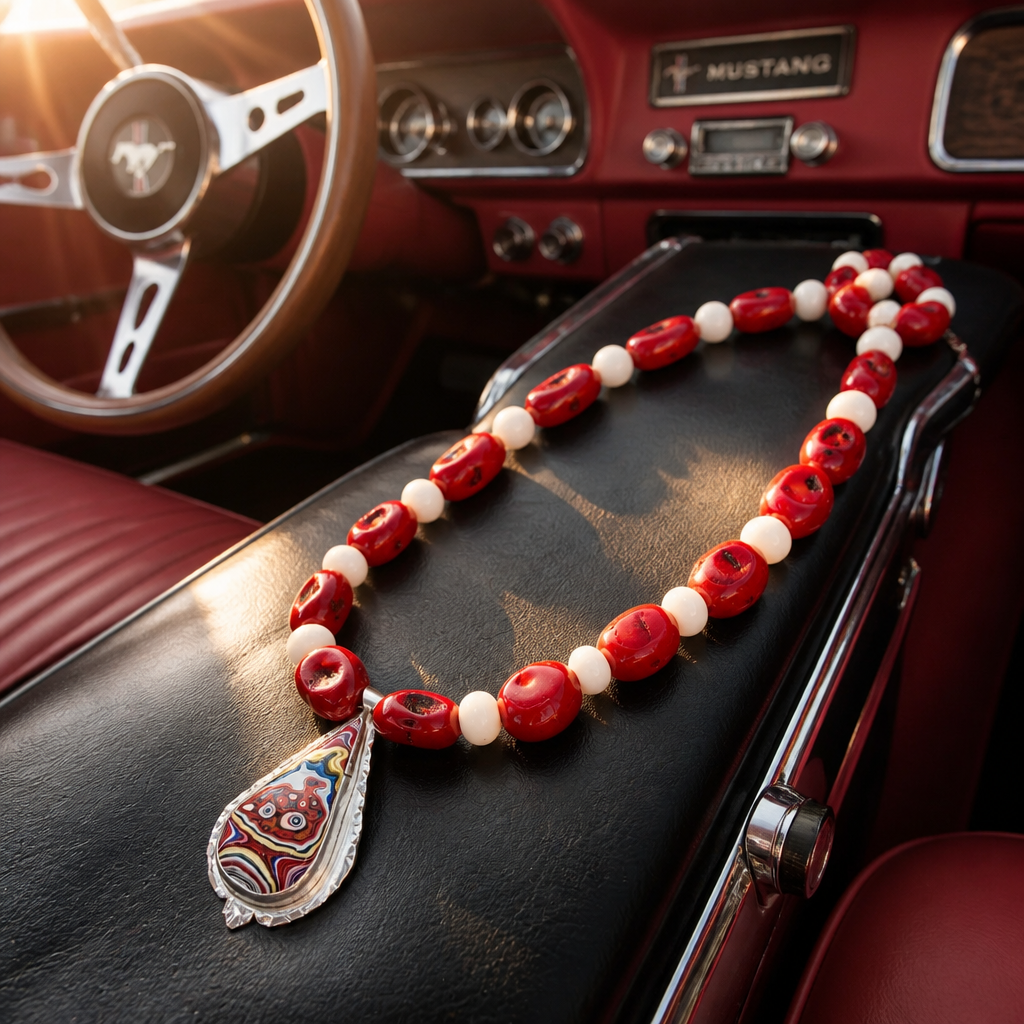 Fordite Necklace with Coral Beads