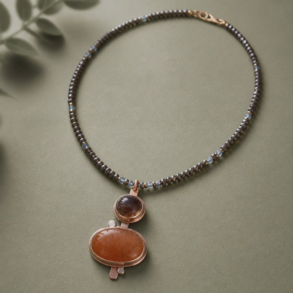 Handmade aventurine, lodolite and Santa Maria aquamarine necklace with pyrite beads - one-of-a-kind artisan gemstone necklace by Ginny Taylor Designs, Roanoke, VA