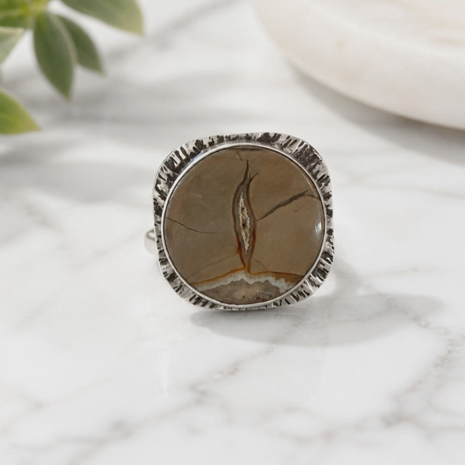Handmade Sonora Jasper ring in hand-forged sterling silver - round cabochon with natural taupe and rust tones with druzy center, artisan jewelry by Ginny Taylor Designs, Roanoke, VA