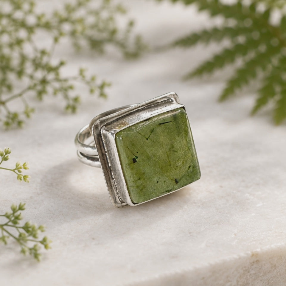 Handmade prehnite and sterling silver ring -- square cut green gemstone in a hand-finished artisan setting, made by Ginny Taylor Designs in Roanoke, VA